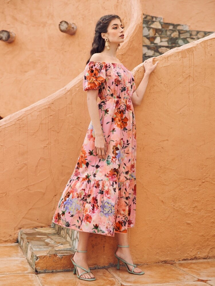 Off Shoulder Elastic Sleeve Flounce Hem Floral Dress