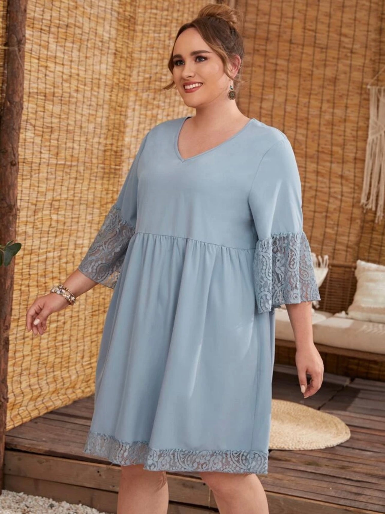 Embroidery Lace Sleeve Hem V-neck Solid Plus Size Babydoll Dress