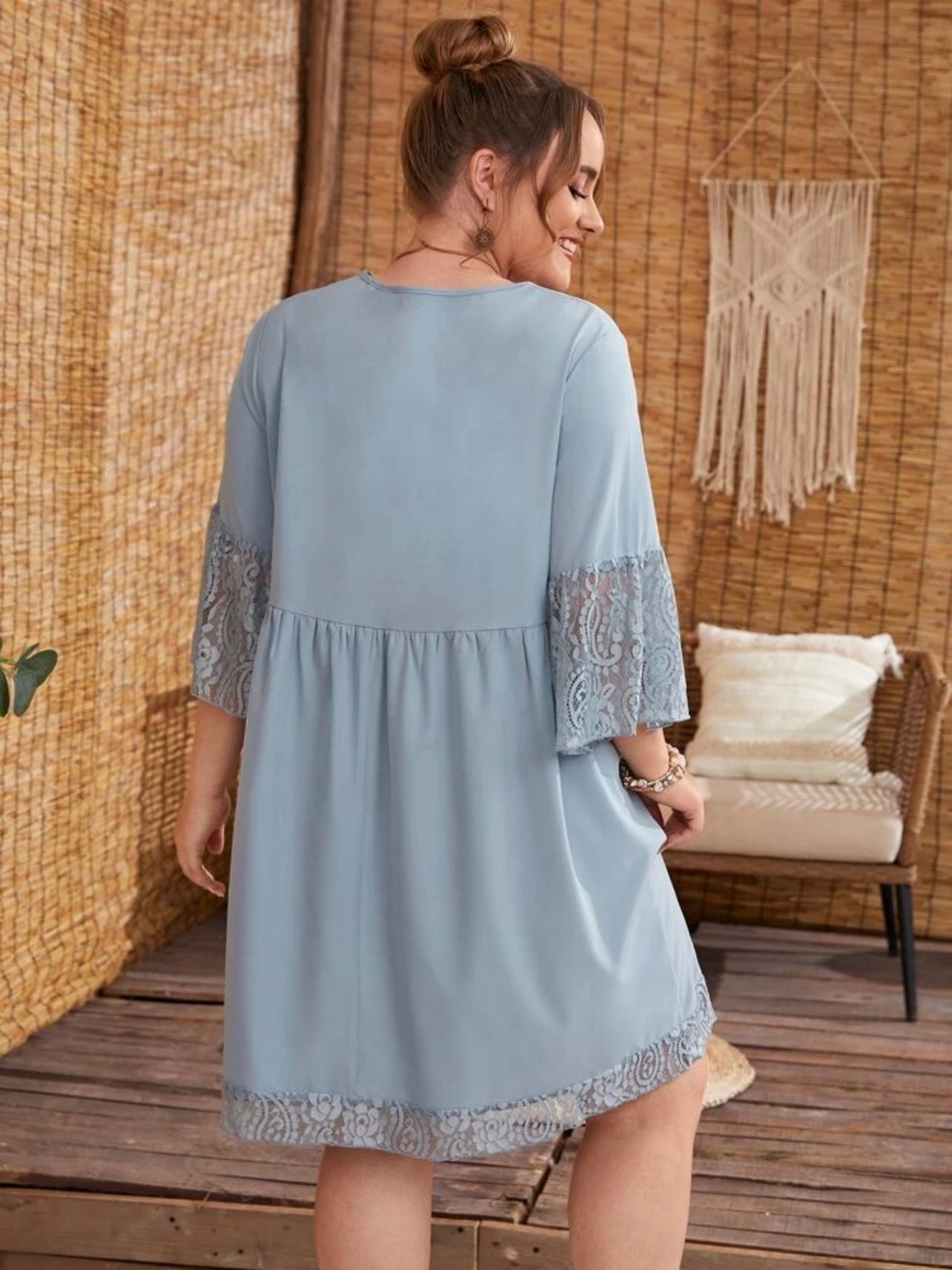 Embroidery Lace Sleeve Hem V-neck Solid Plus Size Babydoll Dress