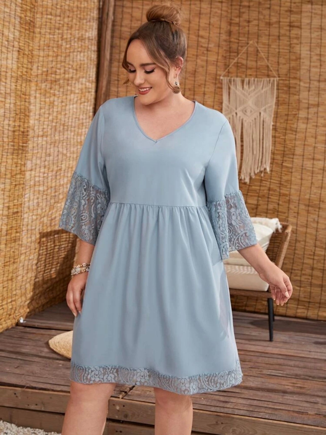 Embroidery Lace Sleeve Hem V-neck Solid Plus Size Babydoll Dress