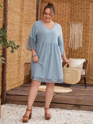 Embroidery Lace Sleeve Hem V-neck Solid Plus Size Babydoll Dress