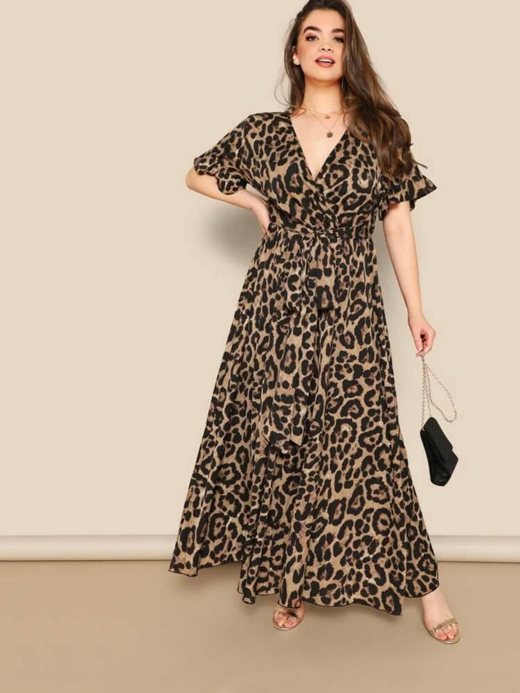 Surplice V-neck Ruffle Sleeve Self Belt Animal Print Plus Size Dress