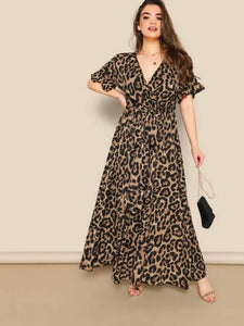 Surplice V-neck Ruffle Sleeve Self Belt Animal Print Plus Size Dress