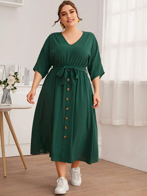 Button Down Self Belt Plus Size Dress
