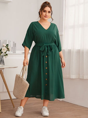 Button Down Self Belt Plus Size Dress