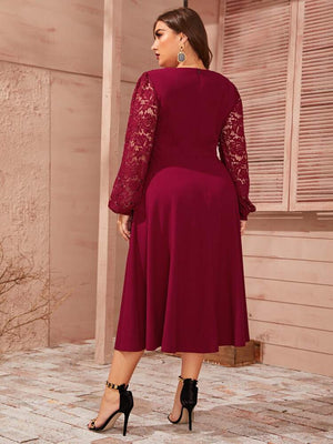 Embroidered Lace Long Sleeve Plus Size Dress