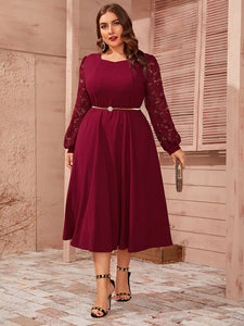 Embroidered Lace Long Sleeve Plus Size Dress