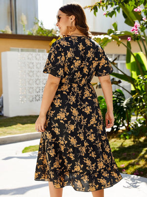 Floral Surplice Neck Garter Waist Plus Size Dress