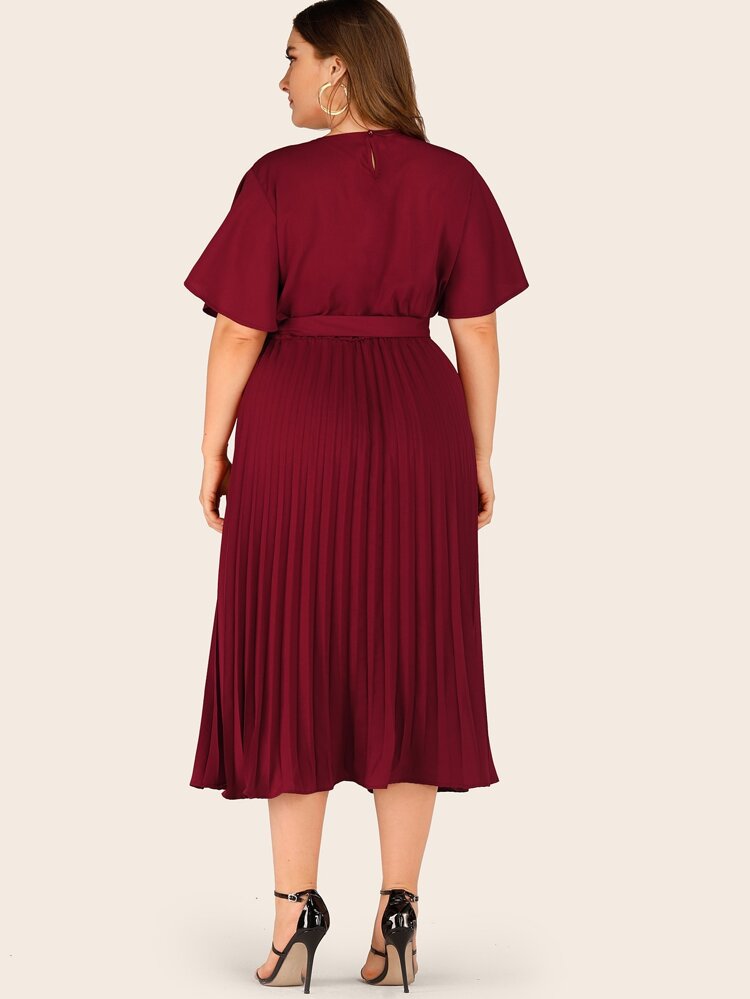 Self Belt Pleated Plus Size Dress