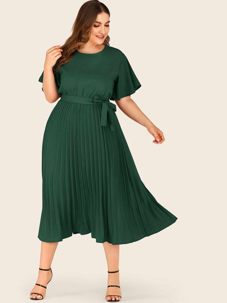 Self Belt Pleated Plus Size Dress