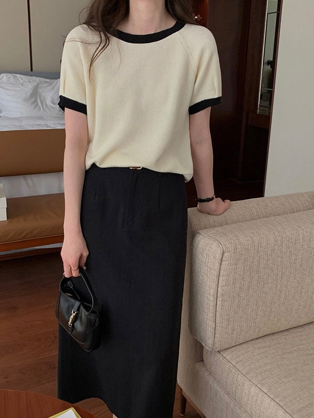 Pleated Sleeve Two Tone Oversize Knitted Top