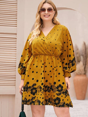 Polka Dot Floral Surplice Lantern Sleeve Plus Size Dress