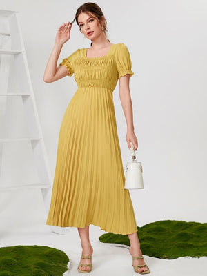 Pleated Shirred Upper Square Neck Solid Dress