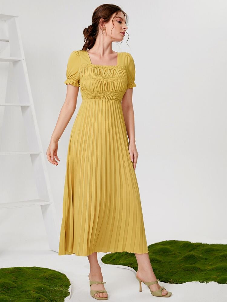 Pleated Shirred Upper Square Neck Solid Dress