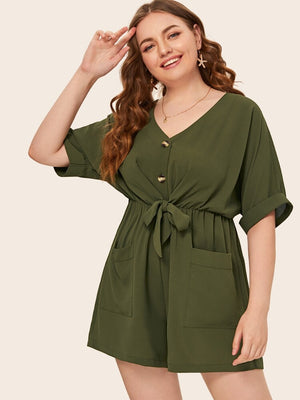 Tie Front Bowknot Pocketed Button Down Plus Size Romper