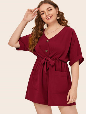 Tie Front Bowknot Pocketed Button Down Plus Size Romper