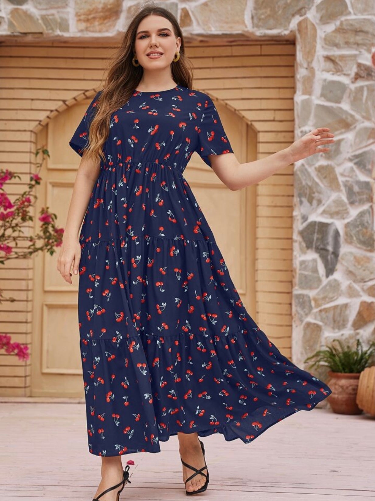 Cherry Print Flounce Babydoll Plus Size Dress