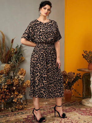 Leopard Print Shirred Waist Plus Size Dress