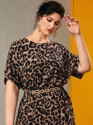 Leopard Print Shirred Waist Plus Size Dress