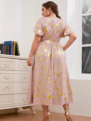 Floral Gold Print Trumpet Sleeve Plus Size Dress