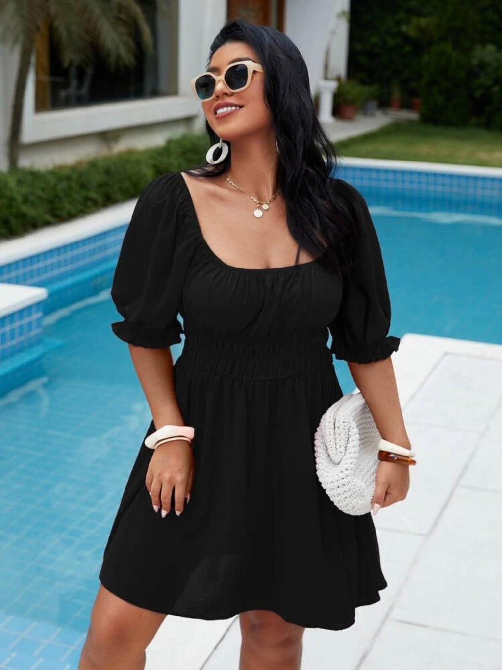 Square Neck Shirred Waist Elastic Sleeve Plus Size Dress