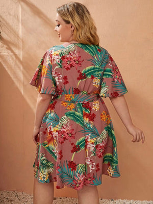 Tropical Plant Garter Waist Surplice Self Belt Plus Size Dress