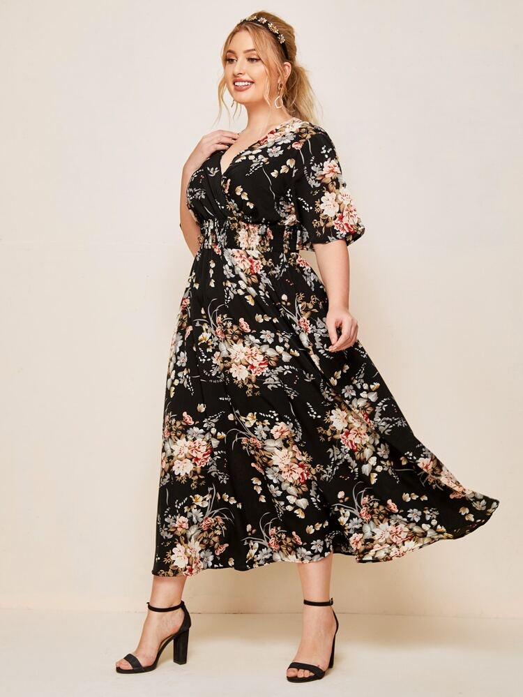 Floral Shirred Waist Surplice Plus Size Dress