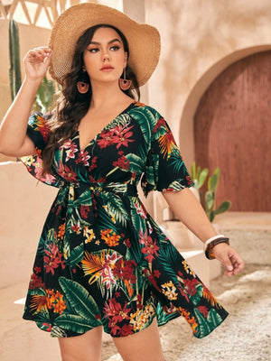 Tropical Plant Garter Waist Surplice Self Belt Plus Size Dress