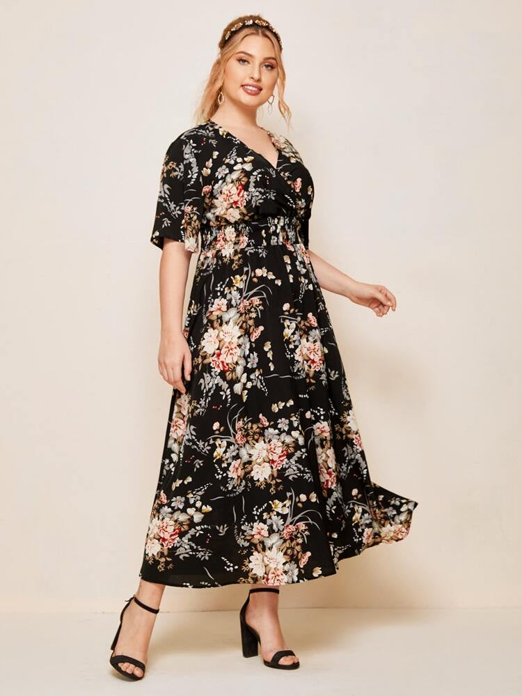 Floral Shirred Waist Surplice Plus Size Dress