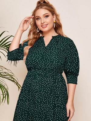 Shirred Sleeve Garter Waist Polka Dot Plus Size Dress