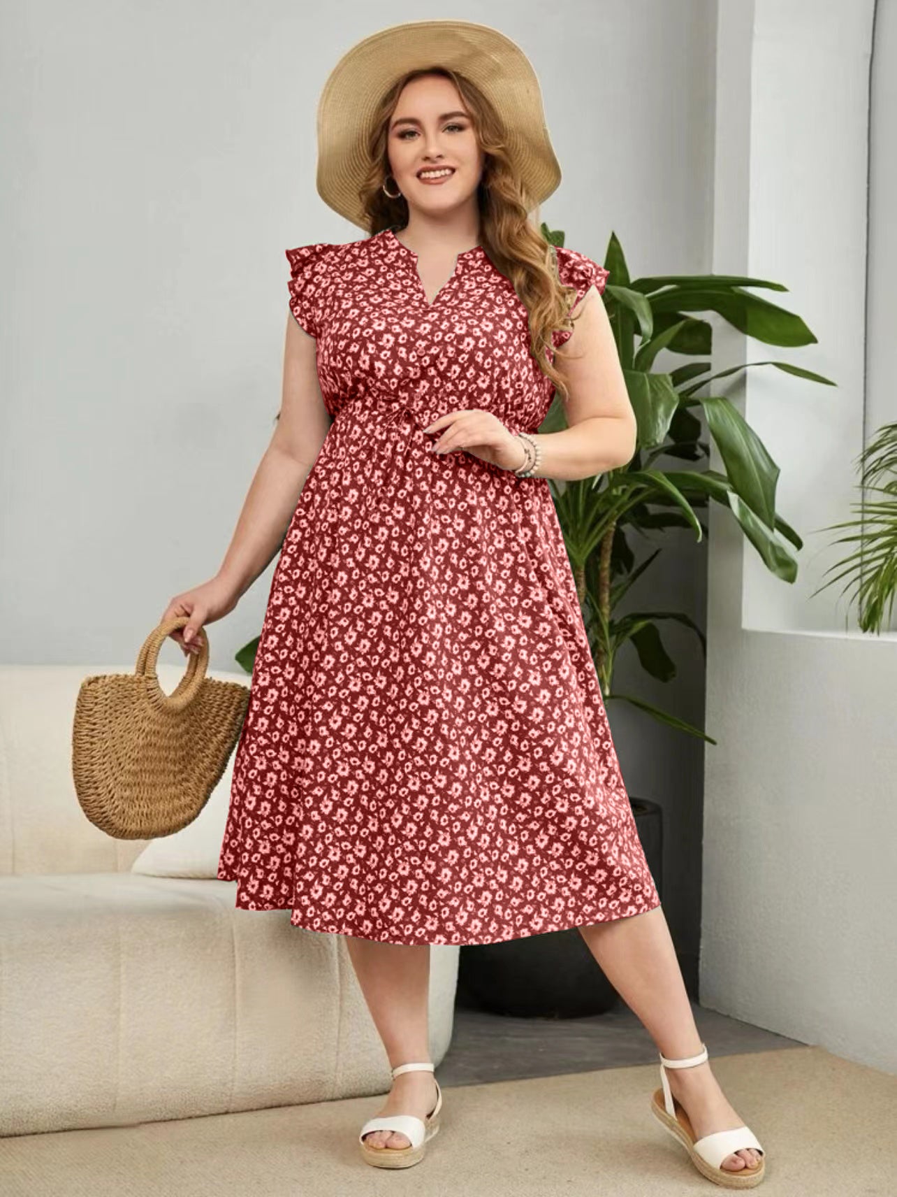 Drawstring Ditsy Floral Button Detail Plus Size Dress