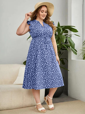 Drawstring Ditsy Floral Button Detail Plus Size Dress