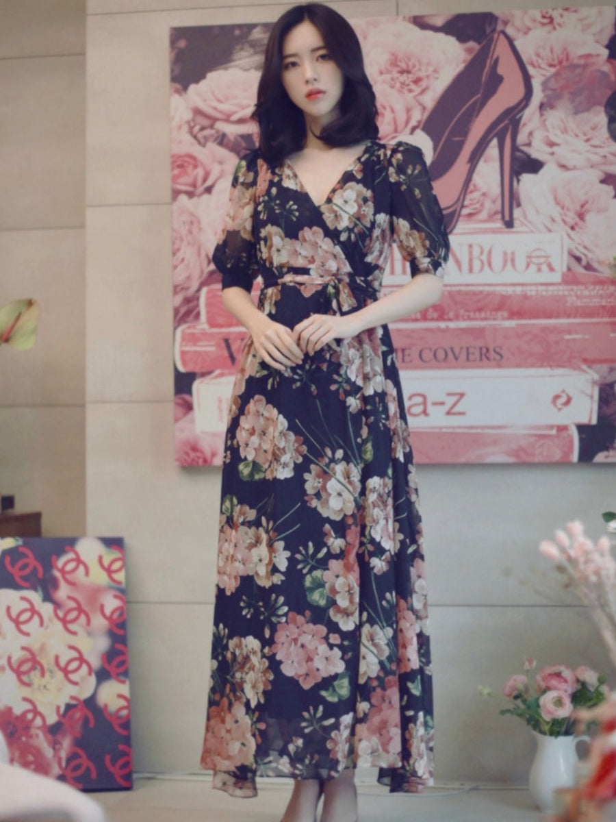 Elegant Floral Self Belt Surplice Over Wrap Dress – Melody Ong Fashion