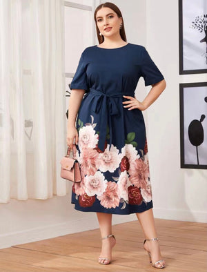 Elegant Floral Self Belt Plus Size Dress