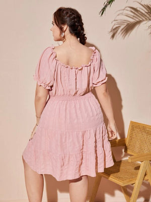 Ruffled V-neck Shirred Waist Flounce Plus Size Babydoll Dress