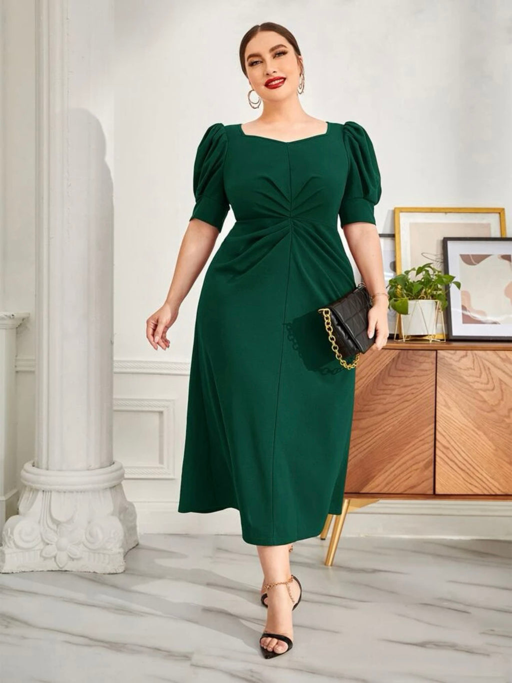 Puff Sleeve Sweetheart Neck Fold Plus Size Dress