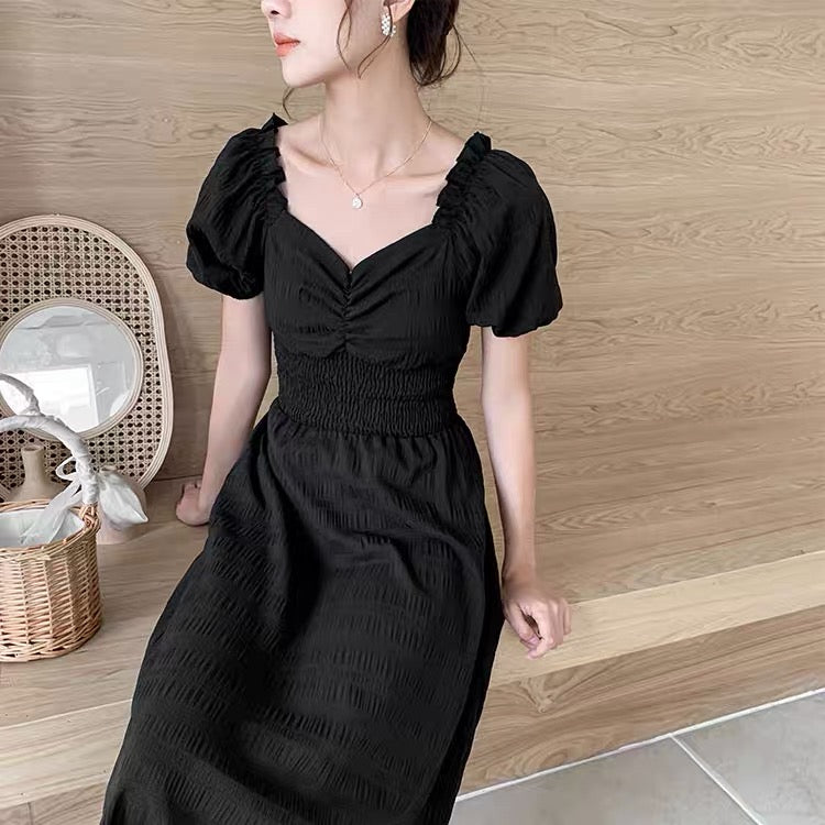 Ruched Bust Shirred Waist Solid Dress