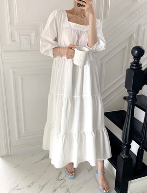 Square Neck Mid-sleeve Flounce Loose Solid Dress