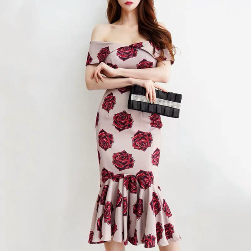 Turn-over Off Shoulder Floral Mermaid Dress