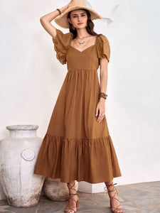 Crossover Back Embroidery Lace Sleeve Ruffle Hem Dress