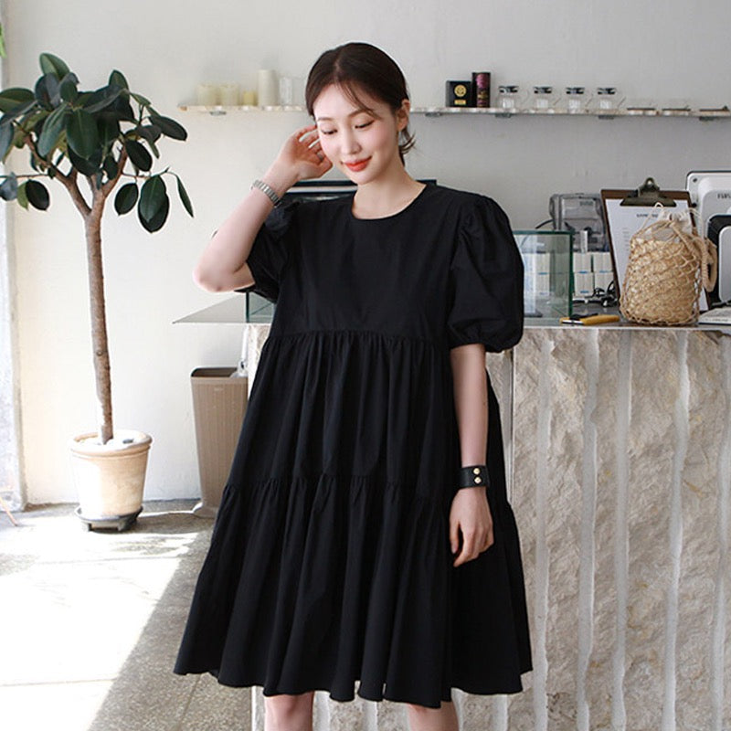 Elastic Sleeve Flounce Solid Loose Babydoll Dress