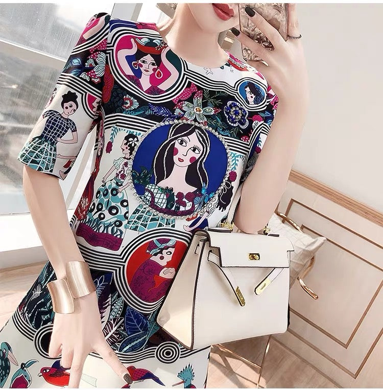 Multi Character Lady Bird Floral Print Simple Dress
