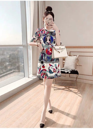 Multi Character Lady Bird Floral Print Simple Dress