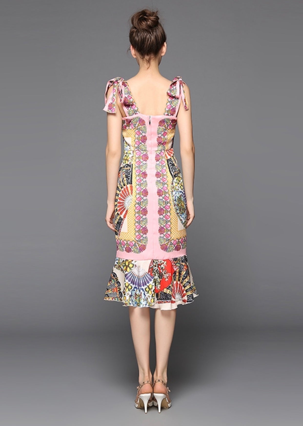 Bowknot Shoulder Multi Vintage Print Dress