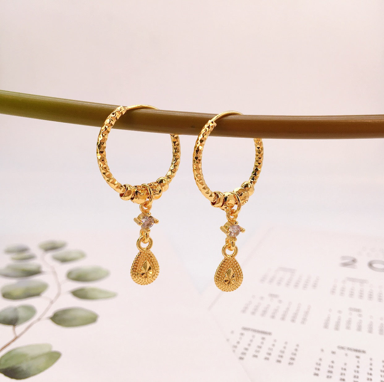 18K Bangkok Gold Manmade Diamond Hoop Drop Earings