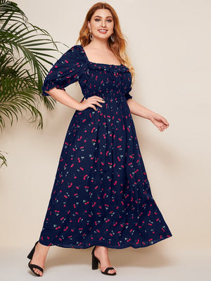Cherry Pattern Puff Sleeve Plus Size Babydoll Smock Dress