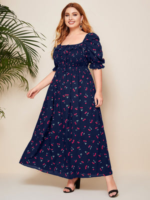 Cherry Pattern Puff Sleeve Plus Size Babydoll Smock Dress