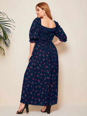 Cherry Pattern Puff Sleeve Plus Size Babydoll Smock Dress