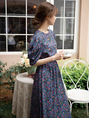 Ditsy Floral Ruched Sleeve Overlapped Cutout Back Dress