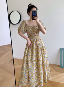 Ditsy Floral Shirred Waist Elastic Sleeve Dress